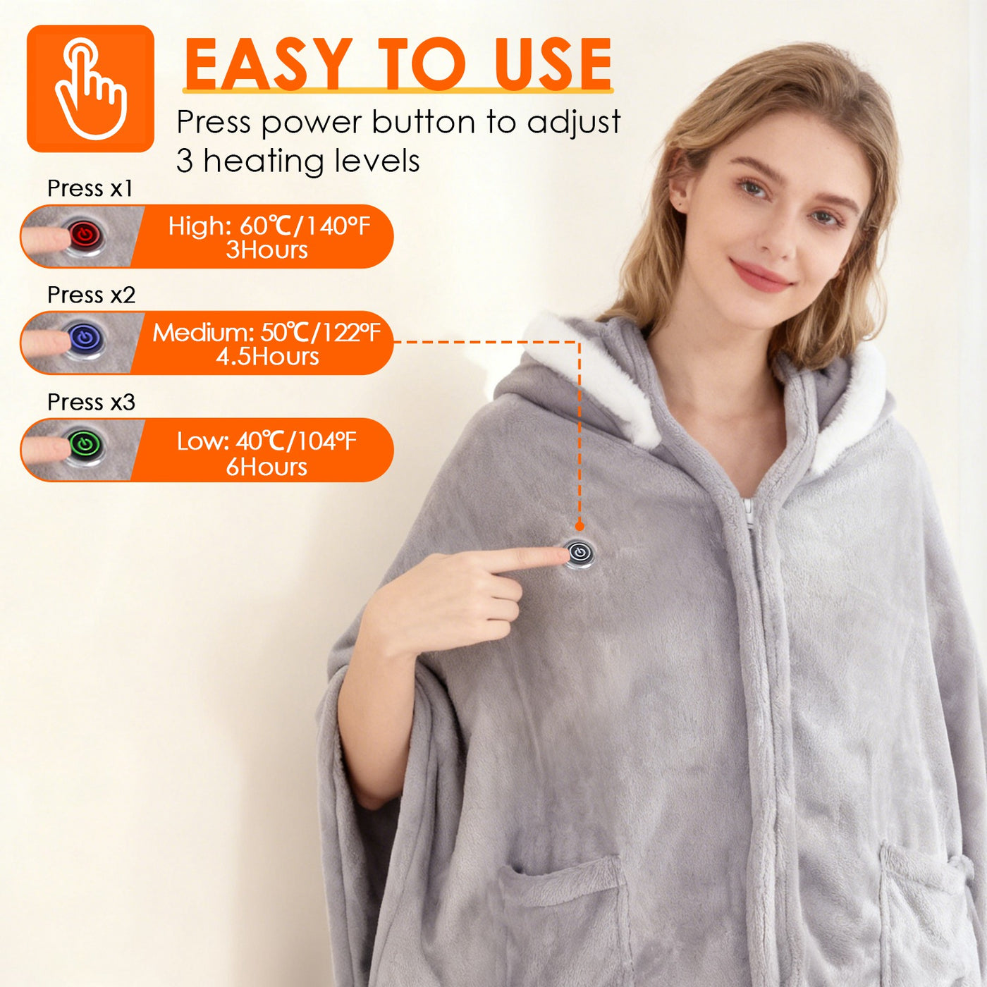Wearable Heated Throw Blanket Double-Sided Electric Heating Hoodie For Women & Men Machine Washable,20000mah battery