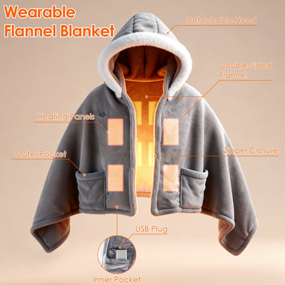 Wearable Heated Throw Blanket Double-Sided Electric Heating Hoodie For Women & Men Machine Washable,20000mah battery