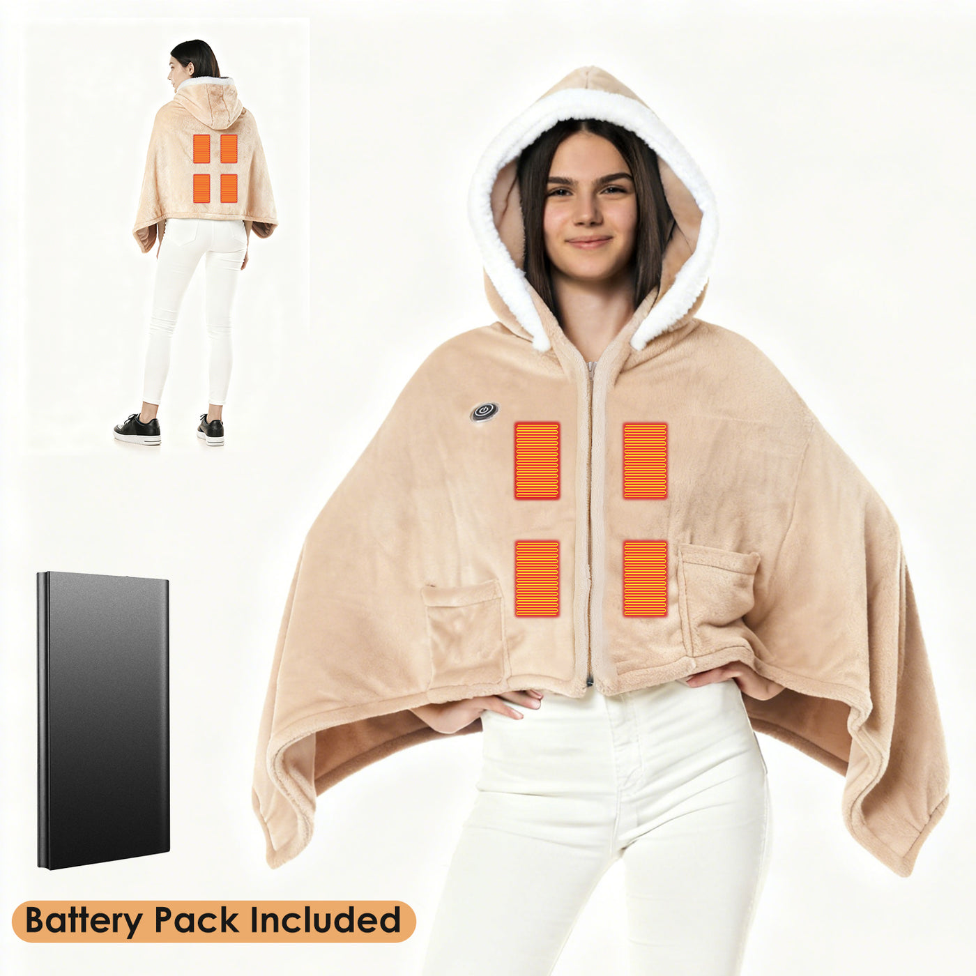 Wearable Heated Throw Blanket Double-Sided Electric Heating Hoodie For Women & Men Machine Washable,20000mah battery