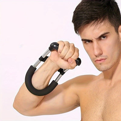 Man using the wrist strengthener to build forearm muscle.
