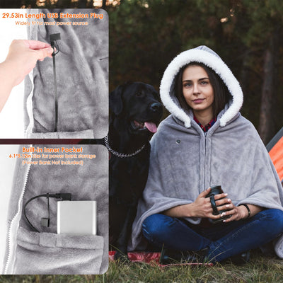 Wearable Heated Throw Blanket Double-Sided Electric Heating Hoodie For Women & Men Machine Washable,20000mah battery