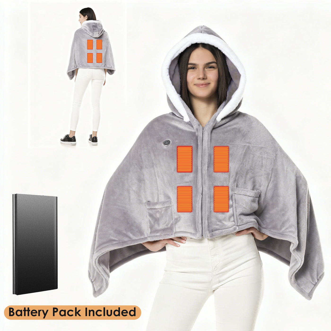 Wearable Heated Throw Blanket Double-Sided Electric Heating Hoodie For Women & Men Machine Washable,20000mah battery